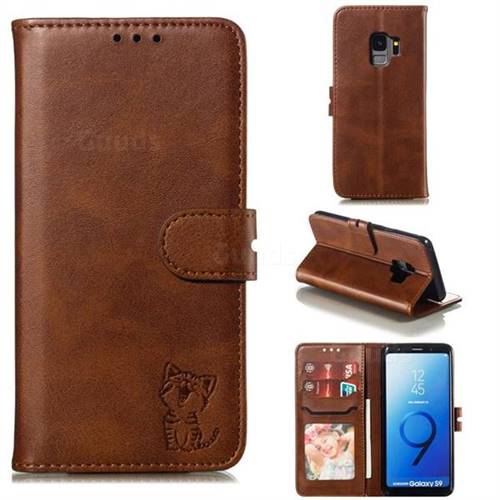 Embossing Happy Cat Leather Wallet Case for Samsung Galaxy S9 - Brown