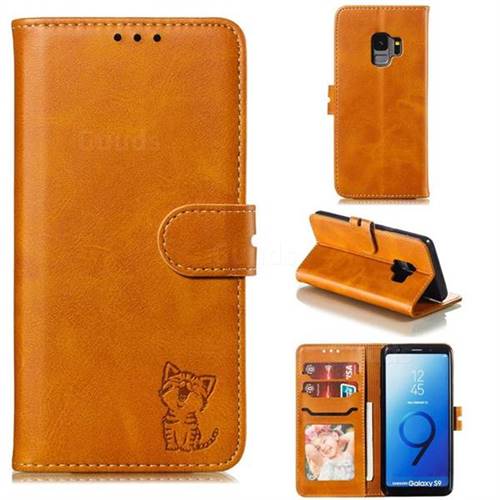 Embossing Happy Cat Leather Wallet Case for Samsung Galaxy S9 - Yellow