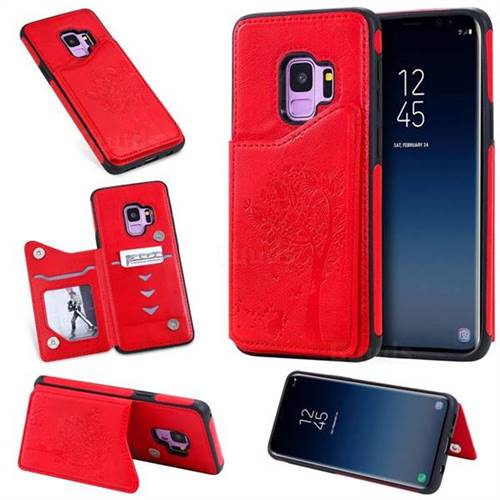 Luxury Tree and Cat Multifunction Magnetic Card Slots Stand Leather Phone Back Cover for Samsung Galaxy S9 - Red