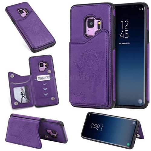 Luxury Tree and Cat Multifunction Magnetic Card Slots Stand Leather Phone Back Cover for Samsung Galaxy S9 - Purple