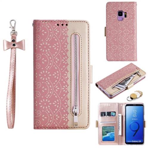 Luxury Lace Zipper Stitching Leather Phone Wallet Case for Samsung Galaxy S9 - Pink