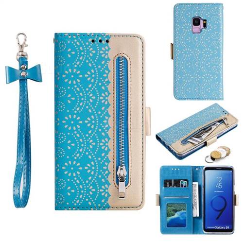 Luxury Lace Zipper Stitching Leather Phone Wallet Case for Samsung Galaxy S9 - Blue