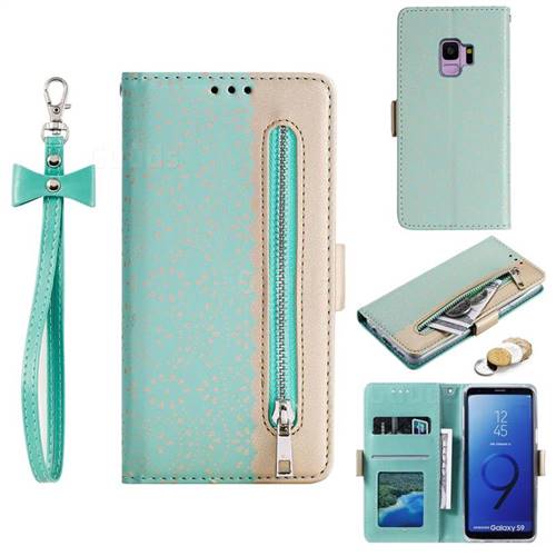 Luxury Lace Zipper Stitching Leather Phone Wallet Case for Samsung Galaxy S9 - Green