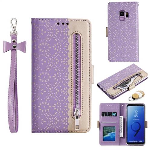 Luxury Lace Zipper Stitching Leather Phone Wallet Case for Samsung Galaxy S9 - Purple
