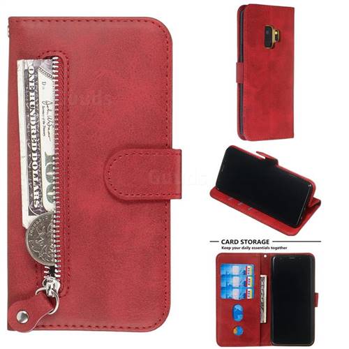 Retro Luxury Zipper Leather Phone Wallet Case for Samsung Galaxy S9 - Red