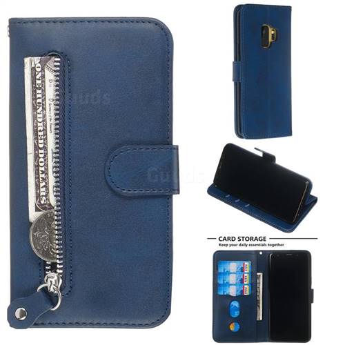 Retro Luxury Zipper Leather Phone Wallet Case for Samsung Galaxy S9 - Blue