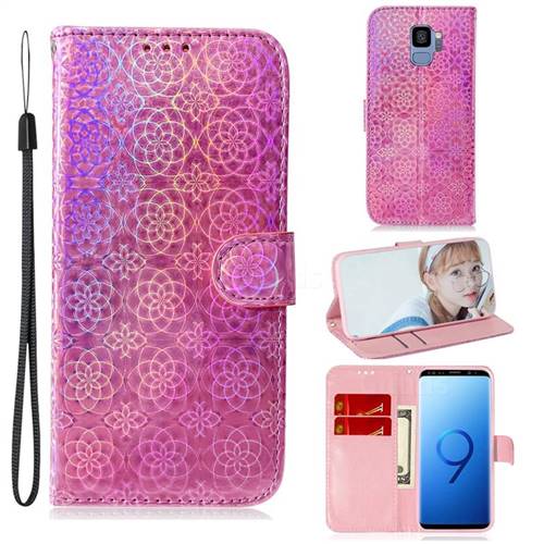 Laser Circle Shining Leather Wallet Phone Case for Samsung Galaxy S9 - Pink