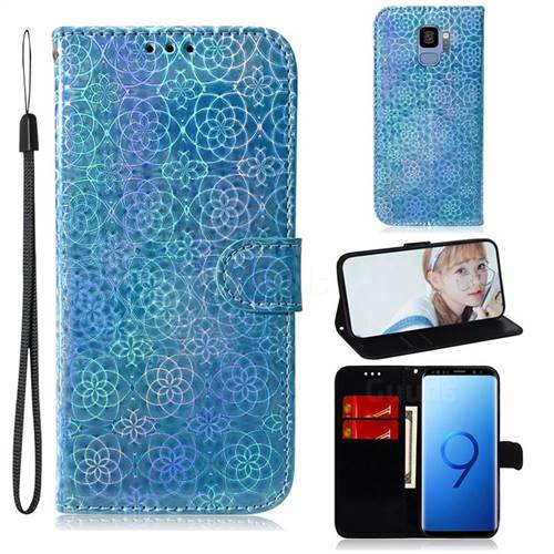 Laser Circle Shining Leather Wallet Phone Case for Samsung Galaxy S9 - Blue