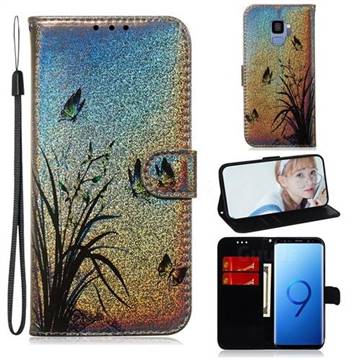 Butterfly Orchid Laser Shining Leather Wallet Phone Case for Samsung Galaxy S9