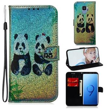 Two Pandas Laser Shining Leather Wallet Phone Case for Samsung Galaxy S9