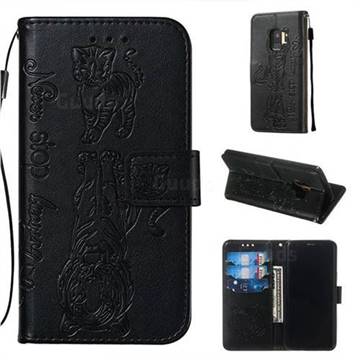 Embossing Tiger and Cat Leather Wallet Case for Samsung Galaxy S9 - Black