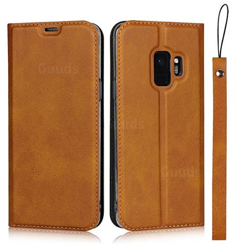 Calf Pattern Magnetic Automatic Suction Leather Wallet Case for Samsung Galaxy S9 - Brown