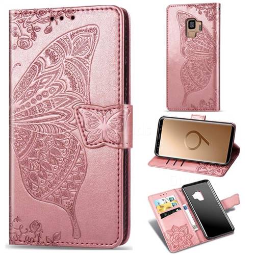 Embossing Mandala Flower Butterfly Leather Wallet Case for Samsung Galaxy S9 - Rose Gold