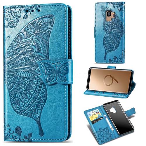 Embossing Mandala Flower Butterfly Leather Wallet Case for Samsung Galaxy S9 - Blue