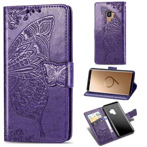 Embossing Mandala Flower Butterfly Leather Wallet Case for Samsung Galaxy S9 - Dark Purple