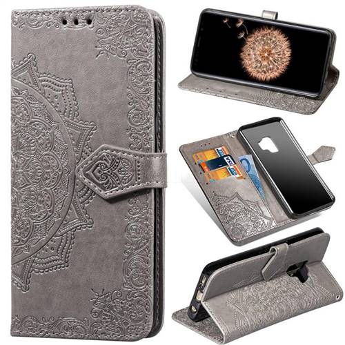 Embossing Imprint Mandala Flower Leather Wallet Case for Samsung Galaxy S9 - Gray