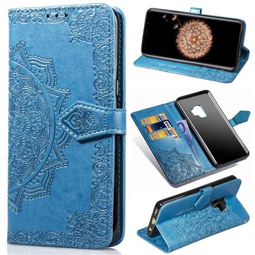 Embossing Imprint Mandala Flower Leather Wallet Case for Samsung Galaxy S9 - Blue