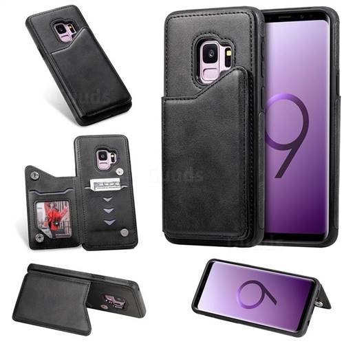 Luxury Multifunction Magnetic Card Slots Stand Calf Leather Phone Back Cover for Samsung Galaxy S9 - Black