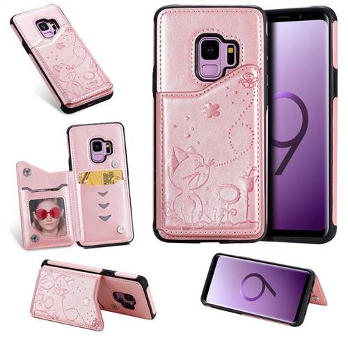 Luxury Bee and Cat Multifunction Magnetic Card Slots Stand Leather Back Cover for Samsung Galaxy S9 - Rose Gold