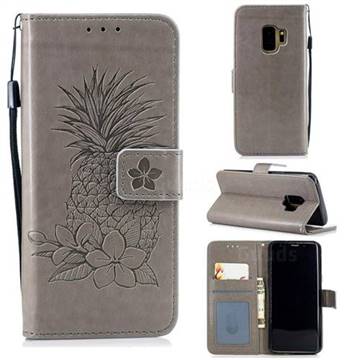 Embossing Flower Pineapple Leather Wallet Case for Samsung Galaxy S9 - Gray