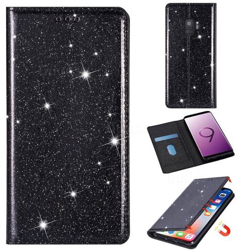 Ultra Slim Glitter Powder Magnetic Automatic Suction Leather Wallet Case for Samsung Galaxy S9 - Black