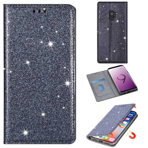 Ultra Slim Glitter Powder Magnetic Automatic Suction Leather Wallet Case for Samsung Galaxy S9 - Gray
