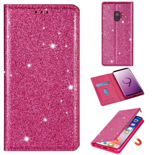 Ultra Slim Glitter Powder Magnetic Automatic Suction Leather Wallet Case for Samsung Galaxy S9 - Rose Red