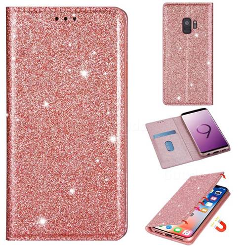 Ultra Slim Glitter Powder Magnetic Automatic Suction Leather Wallet Case for Samsung Galaxy S9 - Rose Gold