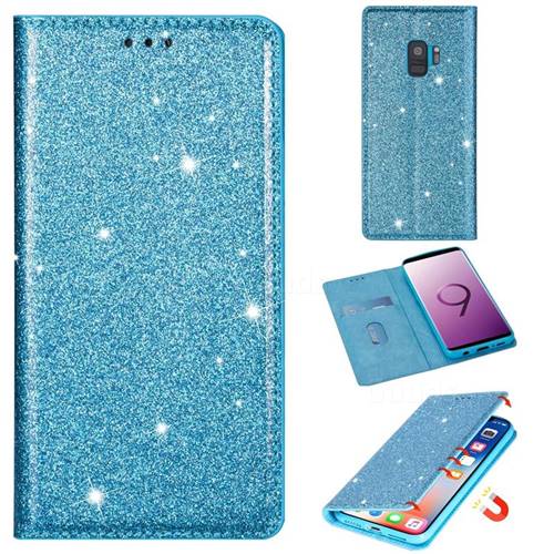 Ultra Slim Glitter Powder Magnetic Automatic Suction Leather Wallet Case for Samsung Galaxy S9 - Blue