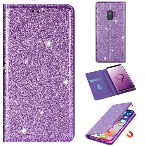Ultra Slim Glitter Powder Magnetic Automatic Suction Leather Wallet Case for Samsung Galaxy S9 - Purple