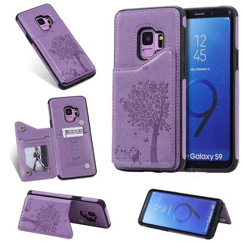 Luxury R61 Tree Cat Magnetic Stand Card Leather Phone Case for Samsung Galaxy S9 - Purple