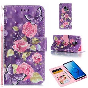Purple Butterfly Flower 3D Painted Leather Phone Wallet Case for Samsung Galaxy S9