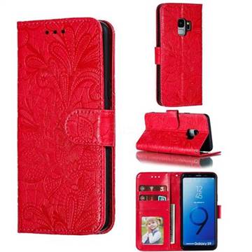 Intricate Embossing Lace Jasmine Flower Leather Wallet Case for Samsung Galaxy S9 - Red