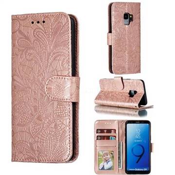 Intricate Embossing Lace Jasmine Flower Leather Wallet Case for Samsung Galaxy S9 - Rose Gold