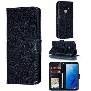 Intricate Embossing Lace Jasmine Flower Leather Wallet Case for Samsung Galaxy S9 - Dark Blue