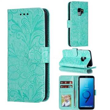 Intricate Embossing Lace Jasmine Flower Leather Wallet Case for Samsung Galaxy S9 - Green