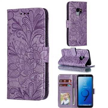 Intricate Embossing Lace Jasmine Flower Leather Wallet Case for Samsung Galaxy S9 - Purple
