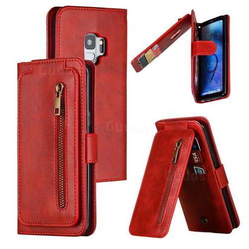 Multifunction 9 Cards Leather Zipper Wallet Phone Case for Samsung Galaxy S9 - Red