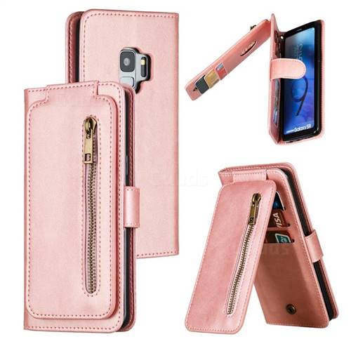 Multifunction 9 Cards Leather Zipper Wallet Phone Case for Samsung Galaxy S9 - Rose Gold