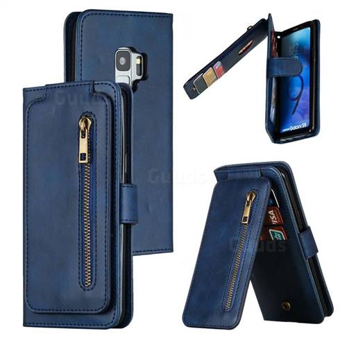 Multifunction 9 Cards Leather Zipper Wallet Phone Case for Samsung Galaxy S9 - Blue
