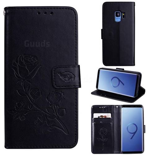 Embossing Rose Flower Leather Wallet Case for Samsung Galaxy S9 - Black