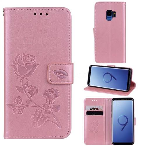Embossing Rose Flower Leather Wallet Case for Samsung Galaxy S9 - Rose Gold