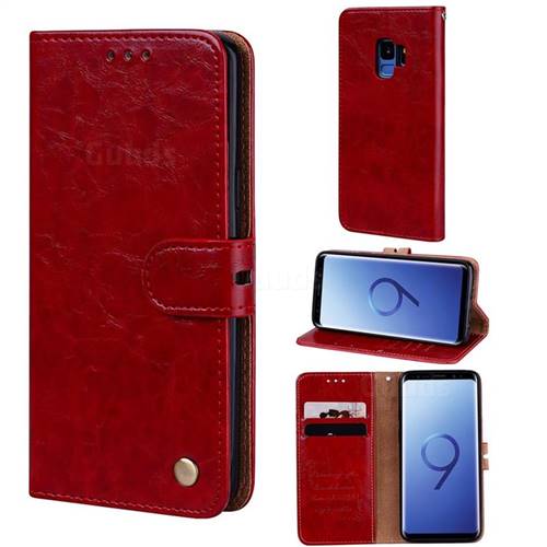 Luxury Retro Oil Wax PU Leather Wallet Phone Case for Samsung Galaxy S9 - Brown Red