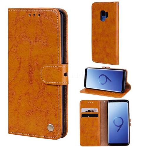 Luxury Retro Oil Wax PU Leather Wallet Phone Case for Samsung Galaxy S9 - Orange Yellow