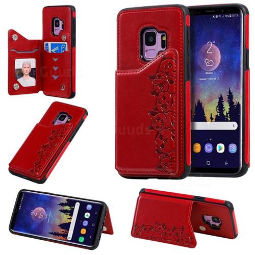 Yikatu Luxury Cute Cats Multifunction Magnetic Card Slots Stand Leather Back Cover for Samsung Galaxy S9 - Red