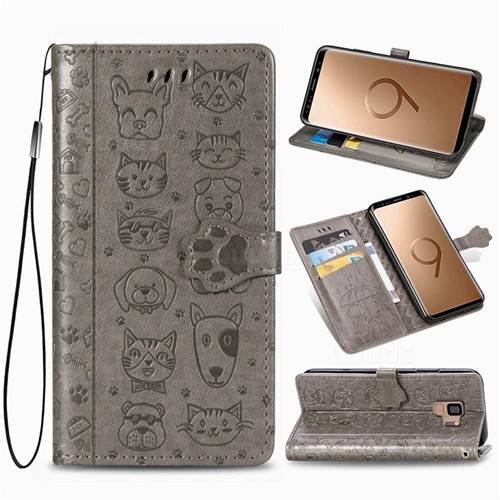 Embossing Dog Paw Kitten and Puppy Leather Wallet Case for Samsung Galaxy S9 - Gray