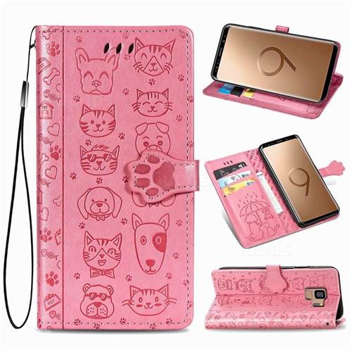 Embossing Dog Paw Kitten and Puppy Leather Wallet Case for Samsung Galaxy S9 - Pink