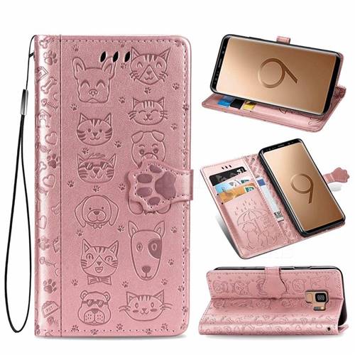 Embossing Dog Paw Kitten and Puppy Leather Wallet Case for Samsung Galaxy S9 - Rose Gold