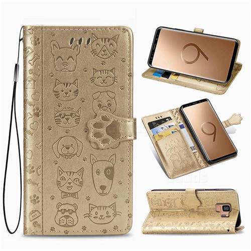 Embossing Dog Paw Kitten and Puppy Leather Wallet Case for Samsung Galaxy S9 - Champagne Gold