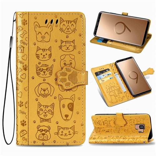 Embossing Dog Paw Kitten and Puppy Leather Wallet Case for Samsung Galaxy S9 - Yellow
